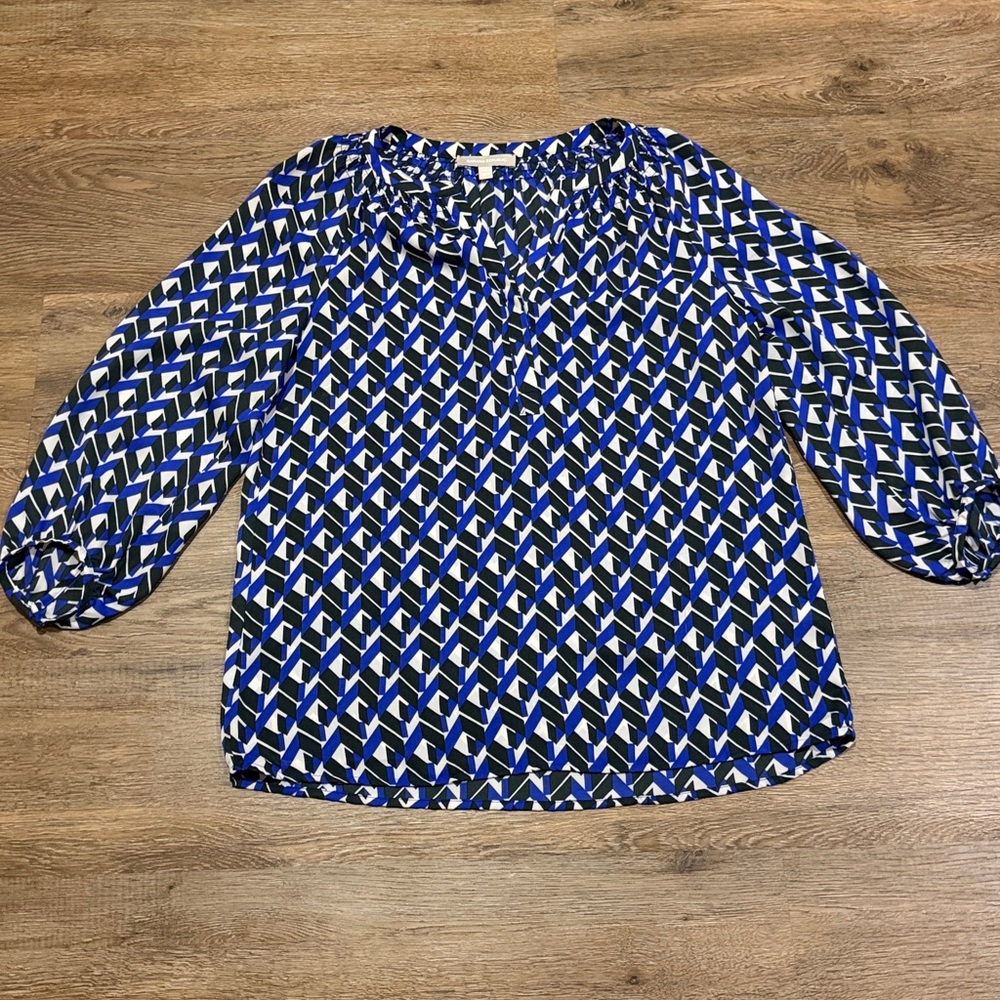Banana Republic Blue and Black Geometric Peasant Blouse - Picture 2 of 7